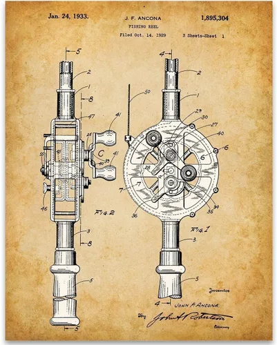 Vista 9 de Fishing Rod and Reel Patent Print - Great for Lake House Decor, Cabin and Beach Man Cave Sign, Fishing Wall Decor, Classic Gifts for Fisherman