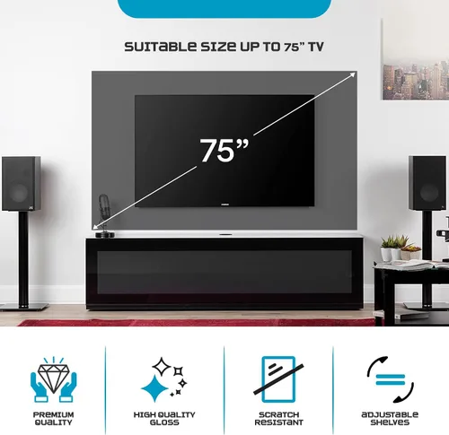 Vista 7 de SONOROUS ST-160 - Soporte de TV premium con cubierta de vidrio negro y madera blanca, centro de entretenimiento de lujo y consola multimedia
