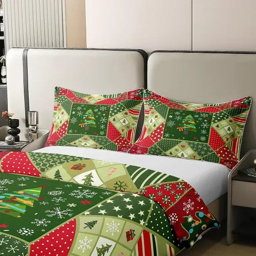 Vista 4 de Funda de edredón de árbol de Navidad 100% algodón natural, juego de ropa de cama de copos de nieve de Navidad para niños y niñas, funda de edredón