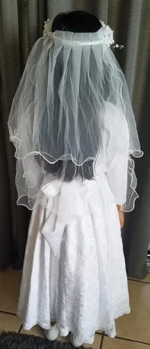 Vista 4 de Bienvenu Primera Comunión Flor Niña Arco Bordado Velo De Boda Dos Capas, Blanco