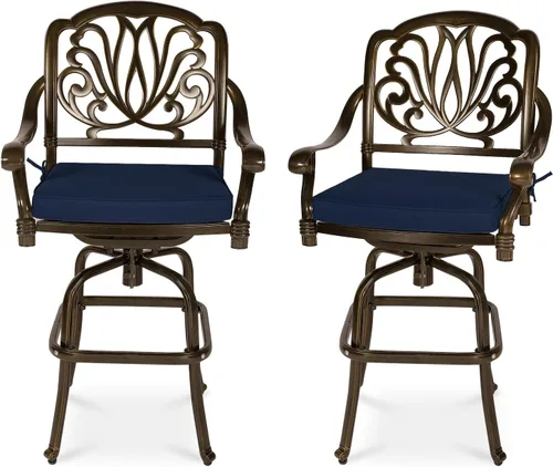 Vista 13 de VIVIJASON Taburetes de bar giratorios para exteriores, sillas de bar de aluminio fundido para todo tipo de clima, con cojín de asiento, muebles