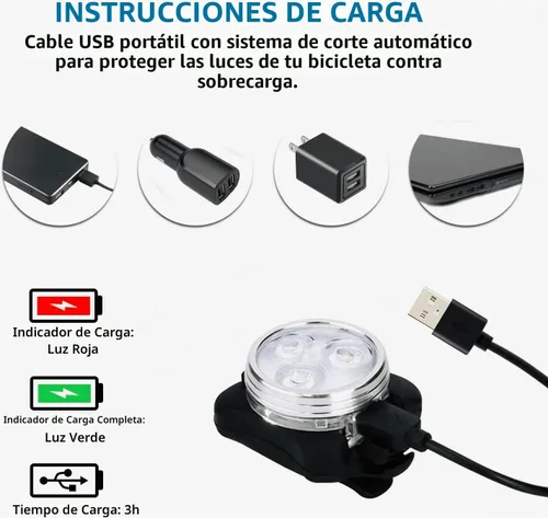 Vista 3 de Juego de luces para bicicleta recargables USB, faro delantero LED y luz trasera, luz de bicicleta impermeable, 4 modos, silicona y plástico, LED