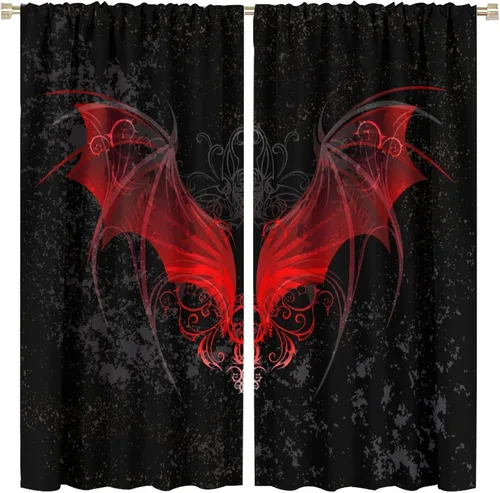 Vista 15 de Cortinas góticas rústicas con estampado de cuervo de bosque brumoso, rama, luna, bolsillo para barra, cortinas de ventana para dormitorio, sala