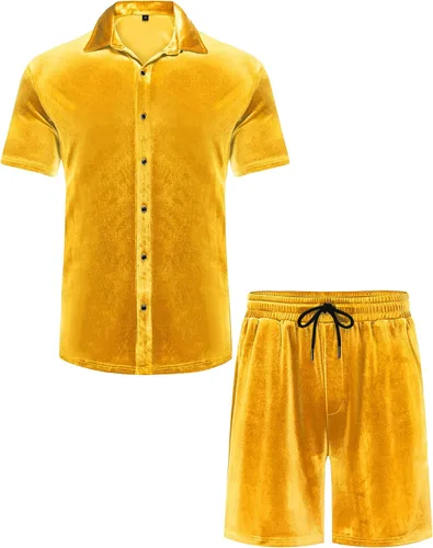 Vista 4 de LecGee Conjunto de pantalones cortos casuales de verano para hombre, camisa de terciopelo de manga corta con botones, pantalones cortos de cintura