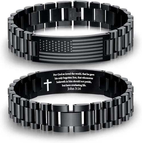 Vista 11 de P. BLAKE Pulsera con versículo bíblico de la bandera estadounidense para hombres, pulsera de acero inoxidable grabada de las Escrituras, religiosa