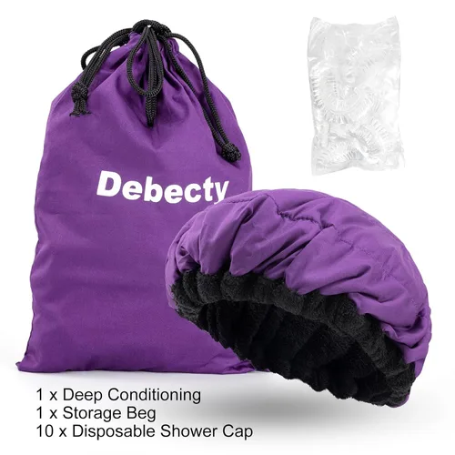 Vista 6 de Gorro térmico para microondas de acondicionamiento profundo para peinar y tratar el cabello al vapor, terapia de cuidado del cabello (morado)
