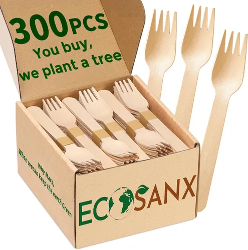 Vista 12 de ECOSANX® 120 piezas de tenedores de madera para comer de 16.5 cm libres de astillas, compostables, juego de cubiertos de madera ecológico