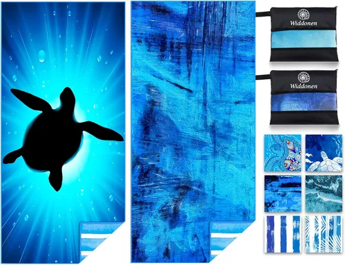 Vista 11 de Widdonen Toalla de playa de microfibra, compacta, paquete de 2 unidades, 71 x 32 pulgadas con bolsa de viaje Paquete de 2 Blue Peank Dream World