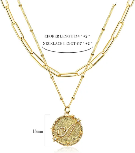 Vista 6 de LOYATA Gargantilla en capas con dije de moneda inicial de estrella dorada de 2 capas de diamantes de circonita cúbica chapada en oro de 14 quilates