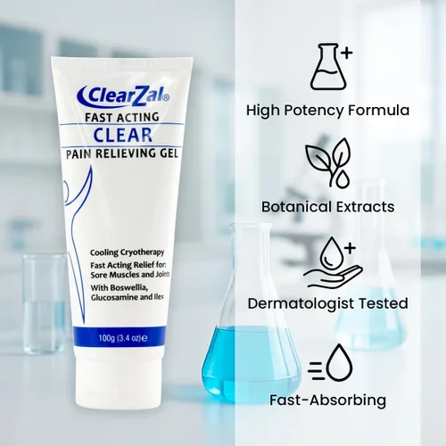 Vista 2 de ClearZal Gel transparente para aliviar el dolor de acción rápida con crioterapia refrescante, boswellia y glucosamina para dolores musculares