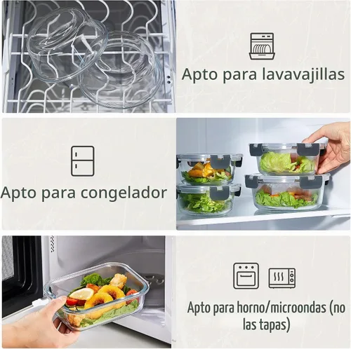 Vista 4 de 24 recipientes de vidrio para preparación de comidas, recipientes de almacenamiento de alimentos de vidrio con tapas, reutilizables, herméticos, a