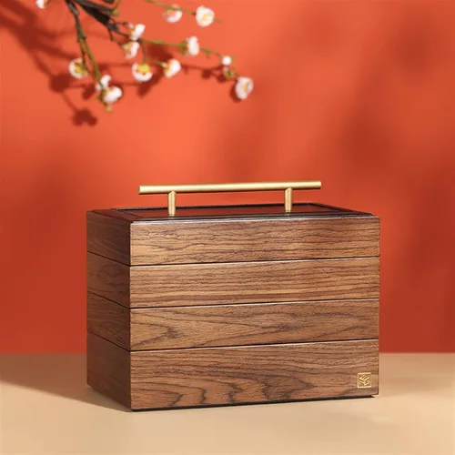 Vista 4 de Caja organizadora de joyas de viaje, organizador de joyas para mujeres y niñas, madera con mango de metal, estuche de joyería portátil
