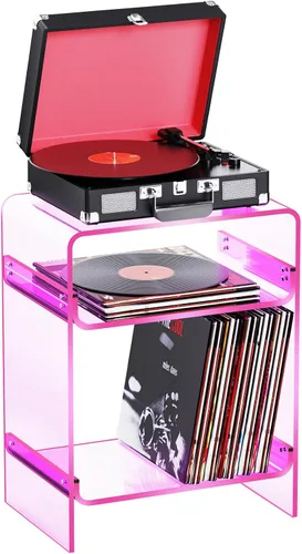 Vista 11 de Mesa de tocadiscos de acrílico con estante de almacenamiento, mesa auxiliar transparente mesita de noche (negro, mediano)