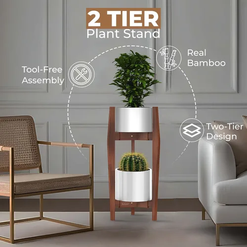 Vista 6 de Rocca - Soporte ajustable de 2 niveles de ancho de 8" a 12" apilable de bambú para plantas altas de interior, soporte de esquina de madera