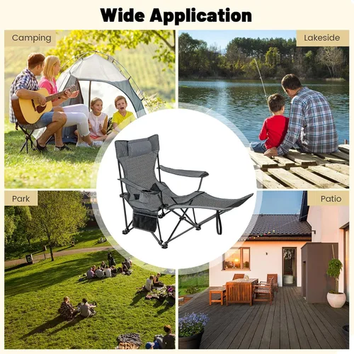 Vista 9 de GYMAX Silla de campamento, silla reclinable ajustable con reposapiés extraíble, almohada acolchada, portavasos y bolsillo lateral, silla plegable