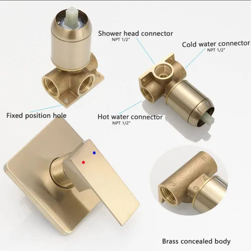 Vista 5 de Juego de llave de regadera dorada cepillada, sistema de regadera de lluvia para baño con cabezal de regadera de lluvia de acero inoxidable, kit