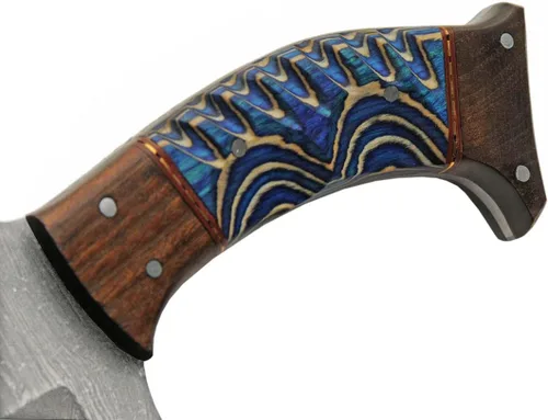 Vista 6 de SANZ - Cuchillo de caza de rinoceronte de Damasco de 8 pulgadas, cuchillo de campamento azul con mango de madera, hoja de espiga completa y funda