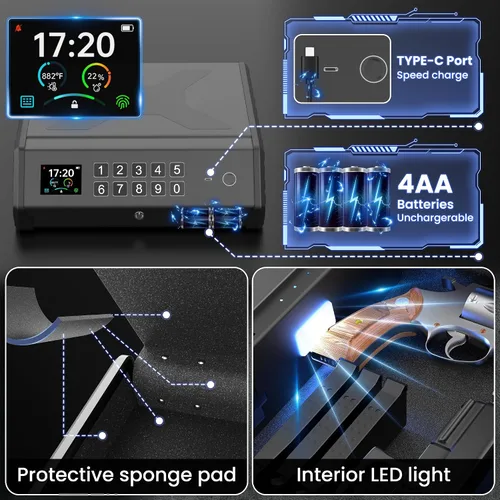 Vista 2 de Caja Fuerte para Pistolas, Caja Fuerte Biométrica para Pistola de 3 Formas con Pantalla LCD de Temperatura y Humedad, Puerto USB, Fuente