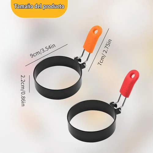 Vista 2 de Anillos de huevo de acero inoxidable para freír, anillos redondos para cocinar, moldeadores de panqueques con mango de silicona naranja, moldes A-2