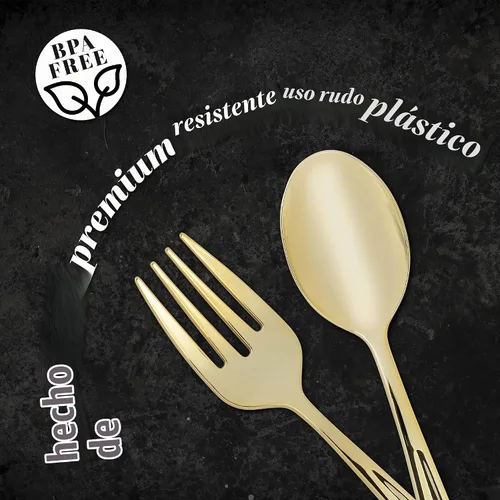 Vista 5 de Plasticpro Utensilios desechables de plástico dorado para servir, 6 tenedores y 6 cucharas, utensilios de servicio duraderos y resistentes, color Oro