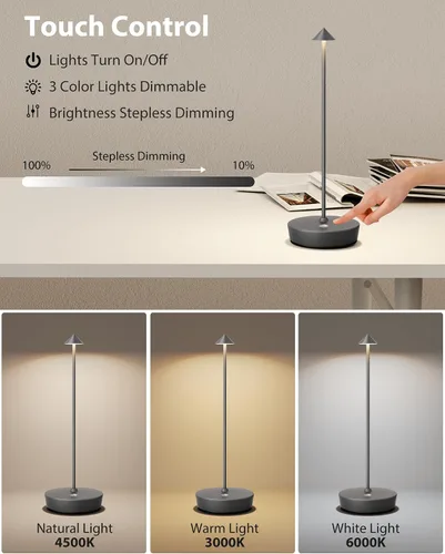 Vista 3 de Lámparas de mesa inalámbricas recargables, 6000 mAh, funciona con pilas, lámpara de escritorio LED para exteriores, impermeable, portátil, táctil