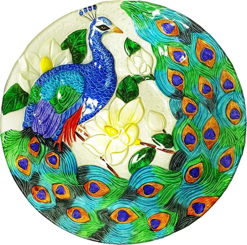 Vista 6 de CAC2609500 - Plato de vidrio pintado a mano profundo, 18 x 3 pulgadas, pavo real