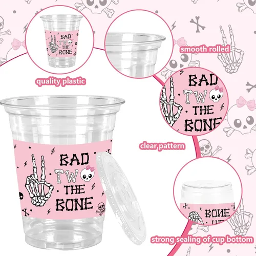 Vista 3 de JarThenaAMCS 50 Vasos de Plástico de Halloween con Tapas y Pajitas Vaso para Beber 12oz Rosa Negro Calavera Bad Two The Bone Vasos Desechables