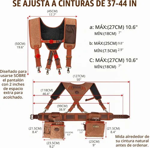 Vista 7 de Tourbon Cinturón de herramientas para carpintería resistente con tirantes desmontables de lona acolchada para enmarcadores de construcción