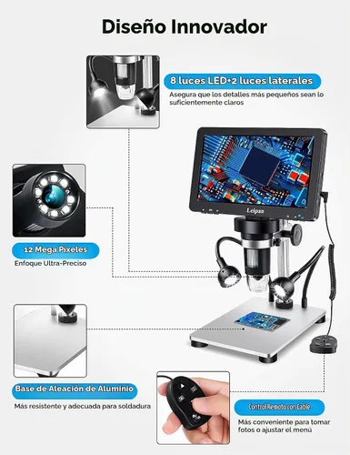 Vista 4 de Microscopio digital LCD de 7 pulgadas 1200X, microscopio Leipan de moneda de 12 MP con pantalla para adultos, microscopio de video 1080P con tarjeta