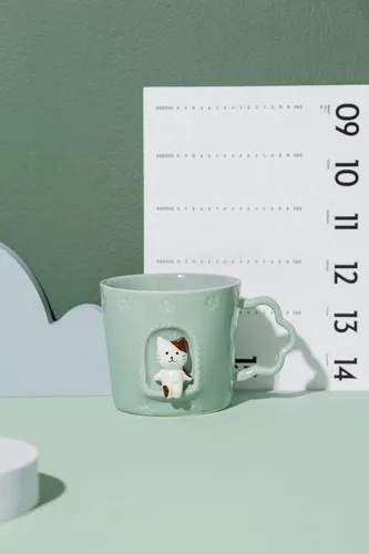 Vista 7 de DIHOclub Taza de cerámica con diseño de gato, ventana con animales, figura de cerámica hecha a mano, tazas lindas de dibujos animados, regalo