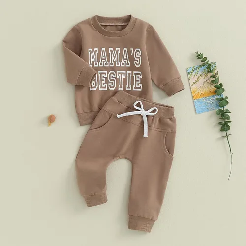 Vista 2 de Toddler Baby Girl Fall Winter Outfit Mamas Little Bestie Long Sleeve Sweatshirt Top Jogger Pants 2Pcs Clothes Set