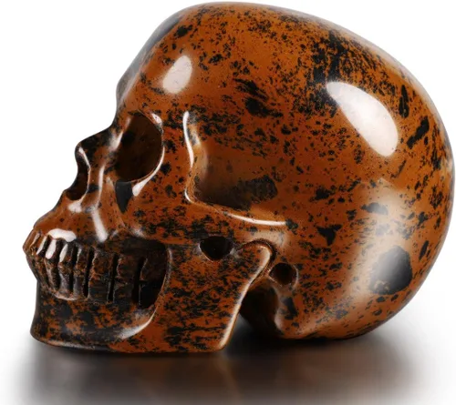 Vista 3 de Skullis Calavera de cristal de obsidiana de caoba de 3.0 pulgadas. Escultura de arte fino de piedra preciosa tallada a mano, estatua de piedra