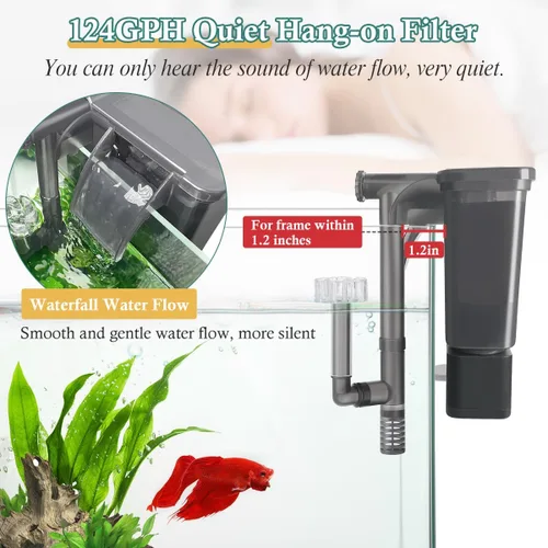 Vista 4 de Filtro de acuario para colgar de 5 W: filtro ultra silencioso para tanque de peces de 124 GPH con esponja de filtro y carbón activado, filtro