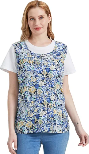 Vista 2 de Nanxson Delantal de mujer con bolsillos de parche, babero estampado de algodón, smock con botones para trabajo, cocina y chef CF3177 Azul
