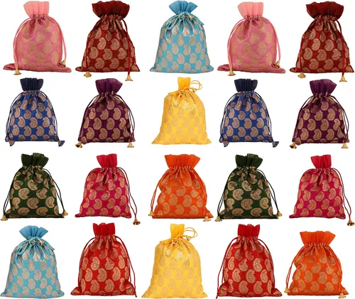 Vista 14 de Touchstone Preciosas bolsas de regalo reutilizables, respetuosas con el medio ambiente, brocado de cachemira con cordón grande para cumpleaños