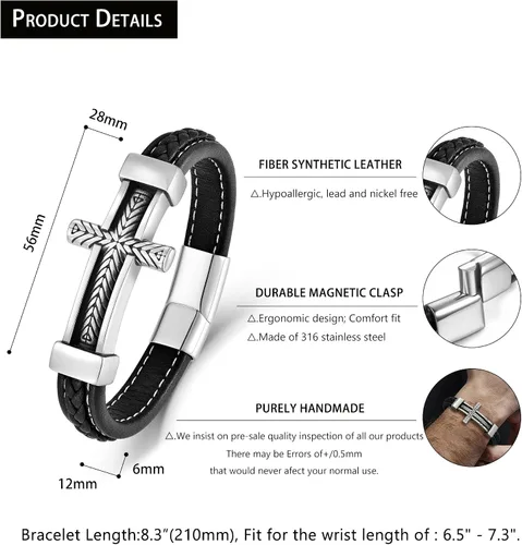 Vista 6 de Pulsera de cuero con cruz para hombre, de acero inoxidable, religiosa y religiosa con cruz lateral, pulsera de oración cristiana, regalo para hombres