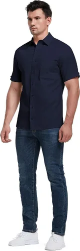 Vista 3 de Aimeilgot Camisas de manga largacorta para hombre, de lino, casuales, con botones, cuello extendido, camisas lisas