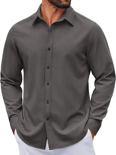 Vista 40 de COOFANDY Camisa de vestir casual de mezclilla con botones y manga larga para hombre