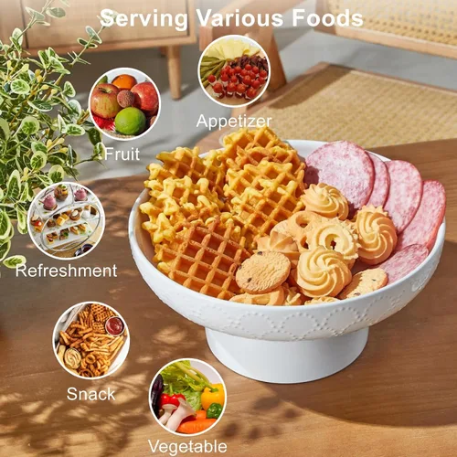 Vista 7 de ONEMORE Frutero de cerámica de 10 pulgadas, tazón grande de pedestal blanco con diseño de patas extraíbles y agujeros de drenaje para encimera