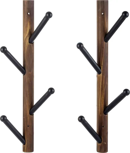 Vista 6 de MyGift 4 ganchos montados en la pared, madera maciza marrón rústica y metal negro para sombrero, perchero vertical para colgar ropa con ganchos