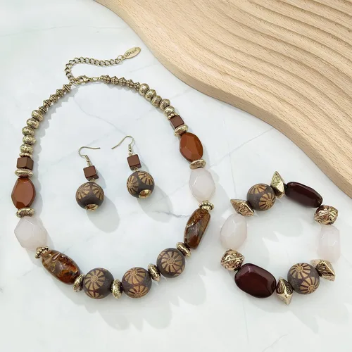 Vista 2 de BOCAR Collar de cuentas de madera grueso, aretes, pulsera hecha a mano, 3 juegos para regalo de mujer
