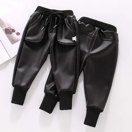 Vista 2 de JanJean Pantalones de terciopelo de piel sintética con cintura elástica para niños y niños con cordón ajuste holgado térmicos cálidos uso casual