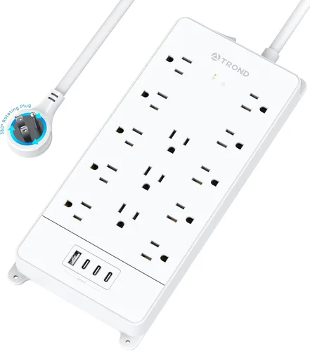 Vista 20 de TROND - Alargador de corriente con enchufe plano giratorio 360°, protector contra sobretensiones, 13 tomas amplias con 3 puertos USB C, 4000 J