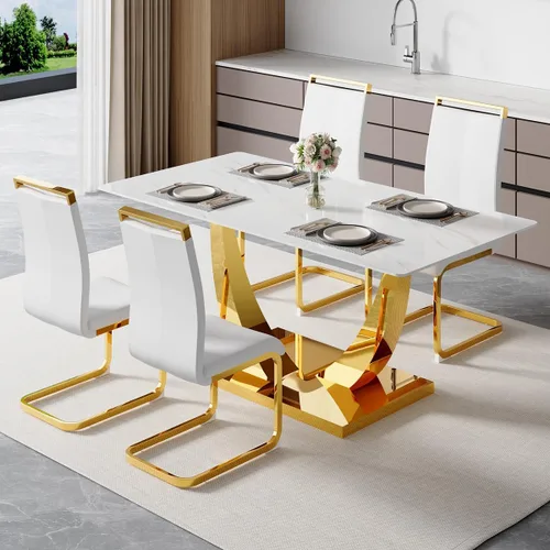 Vista 13 de Juego de mesa de comedor de 63 pulgadas para 4, juego de mesa de comedor dorado moderno para 4, juego de mesa de cocina de mármol sintético