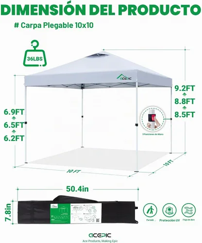 Vista 3 de Acepic Tienda de campaña desplegable de 10x10, refugio portátil de fácil Blanco