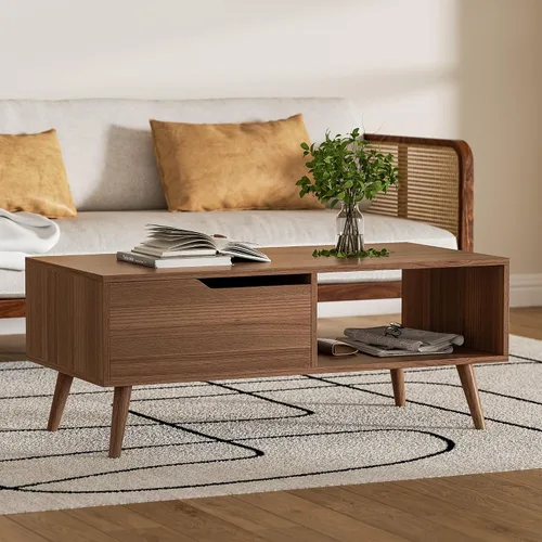 Vista 4 de DIYART Mesa de centro marrón, mesa de centro moderna de mediados de siglo con cajón y estante, mesa consola simple de madera de 39 pulgadas