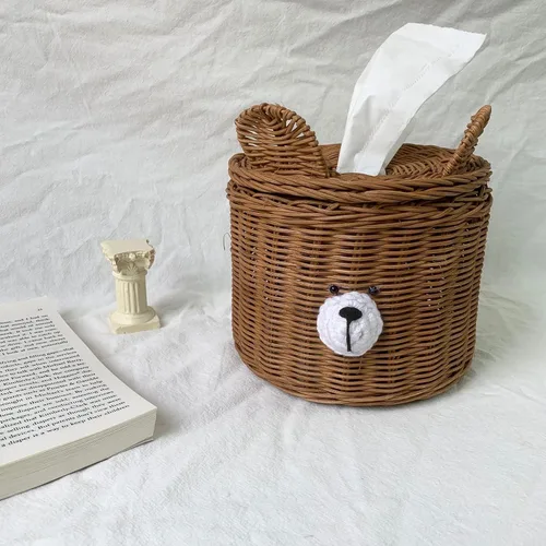 Vista 3 de Lindo oso tejido ratán cuadrado caja de pañuelos titular para cocina, baño, coche Soporte decorativo de mimbre recargable dispensador de Marrón