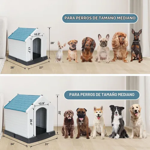 Vista 4 de Casa de plástico resistente al agua para perros pequeños a grandes, refugio para cachorros de interior con rejillas de ventilación y piso elevado