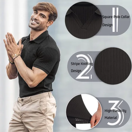 Vista 2 de Camisetas de manga corta con cuello en V para hombre, camisetas de golf de ajuste seco, ropa casual y elegante