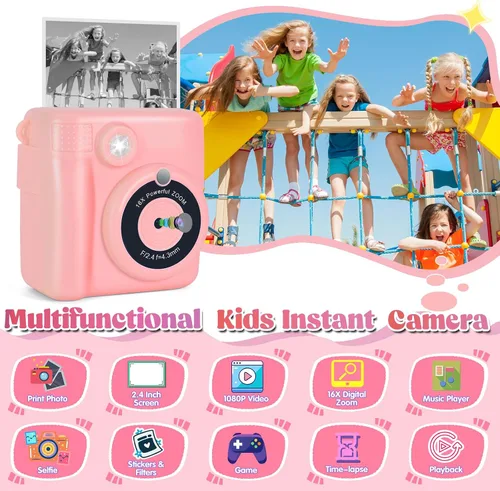 Vista 2 de Cámara de impresión instantánea para niños, cámara de 2.4 pulgadas para niños, impresión instantánea con papel y tarjeta de 32G, juguetes digitales